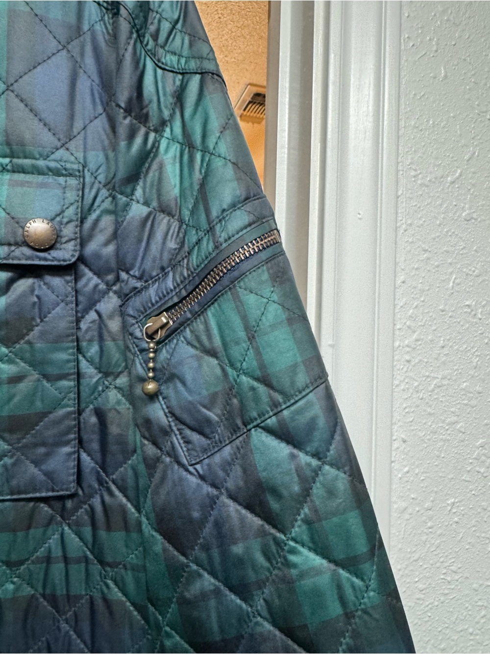 Polo by Ralph Lauren Quilted Blue-Green Jacket with Brown Trim - Picture 5 of 7